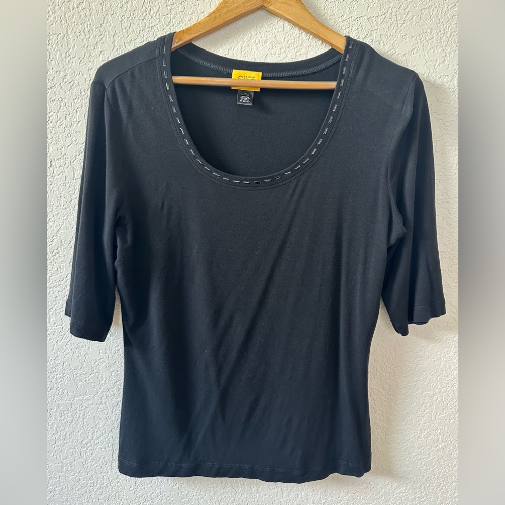 St. John Spa Jersey embellished short sleeve top Sz L large black